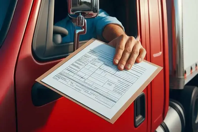 Caminhoneiro entregando papel pela janela de um caminhão vermelho