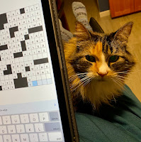 A calico cat sitting on a lap and peering around an iPad that is being used to solve a crossword.