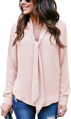 Long Sleeve Blouses With Neck Tie