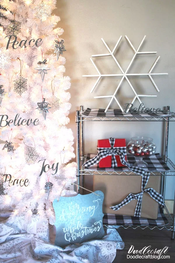 Farmhouse Style Buffalo Plaid Christmas Tree with galvanized steel ornaments and buffalo check details.