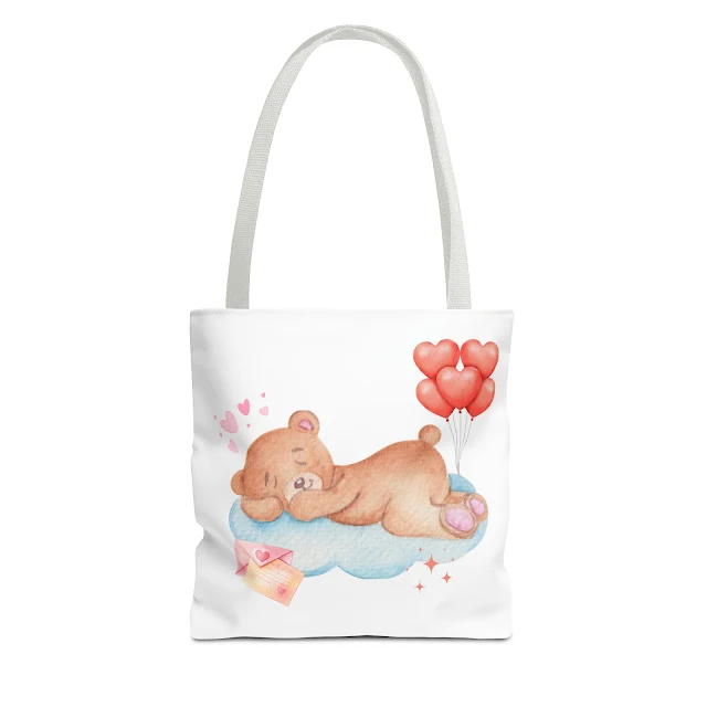 Tote Bag With Watercolor Teddy in Love Valentine Sleeping on a Cloud Attached to Red Balloons