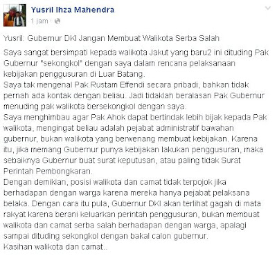 Yusril, Gubernur DKI, Walikota Serba Salah, ahok