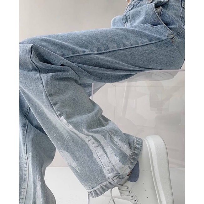 [ fashionnista_shop ] Newwกางเกงยีนส์ทรงกระบอกไล่สี เอวแต่งระบาย ปลายกางเกงสกรีนสีแบบไม่ซ้ำต้องจัดรุ่นนี้เลยจ้างานเกาหลีสุดเท่ห์