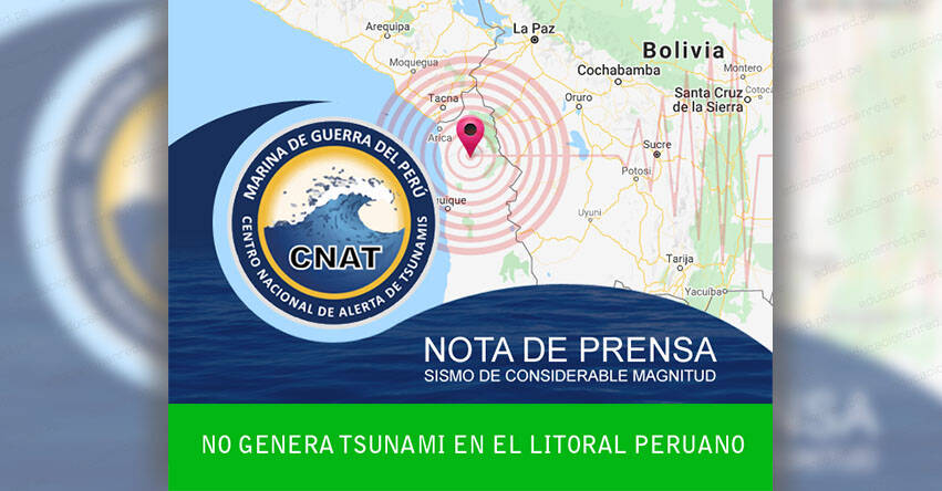 Potente sismo en Tacna y Chile de Magnitud 5.6 No genera Tsunami, informó la Marina de Guerra del Perú - www.dhn.mil.pe