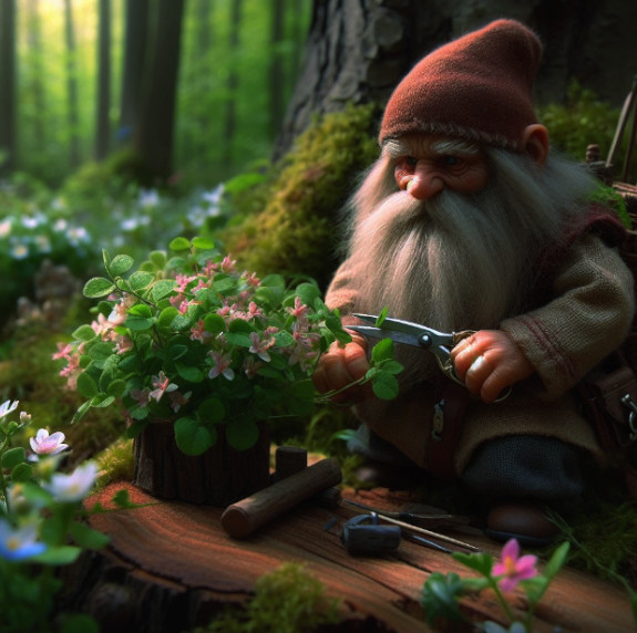 Un enanito en el bosques cortando flores.