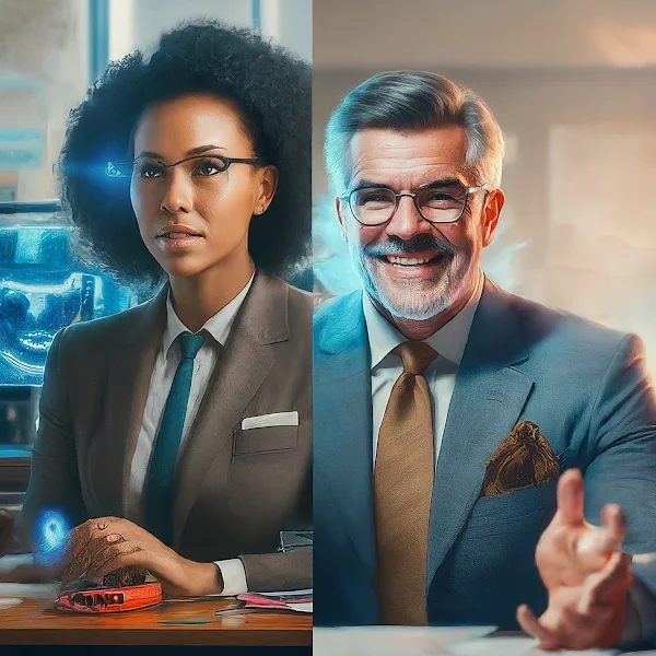 One side shows a person working in a traditional office setting, while the other side shows someone working in a futuristic, technology-integrated environment.