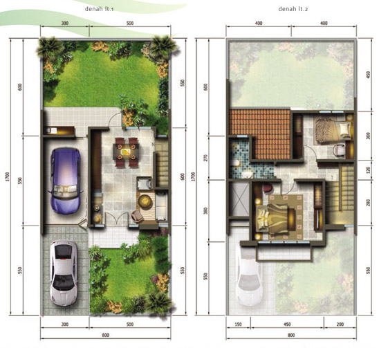 Denah rumah ukuran 8x17 meter 2 kamar tidur 2 lantai