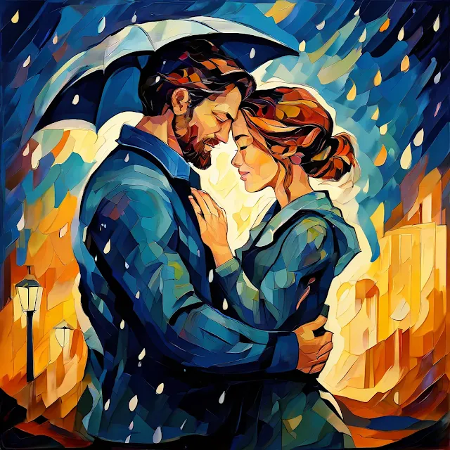 Enamorados bajo la lluvia, paraguas. Arte digital