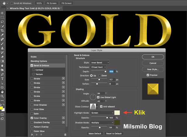 cara membuat efek gold tulisan emas photoshop, teks gold, membuat warna emas di photoshop