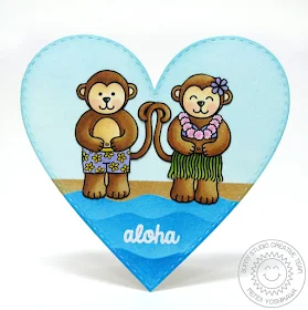 Sunny Studio: Aloha Monkey heart shaped card by Mendi Yoshikawa (using Comfy Creatures stamps, Island Getaway stamps, Wavy Border dies & Stitched Heart dies)