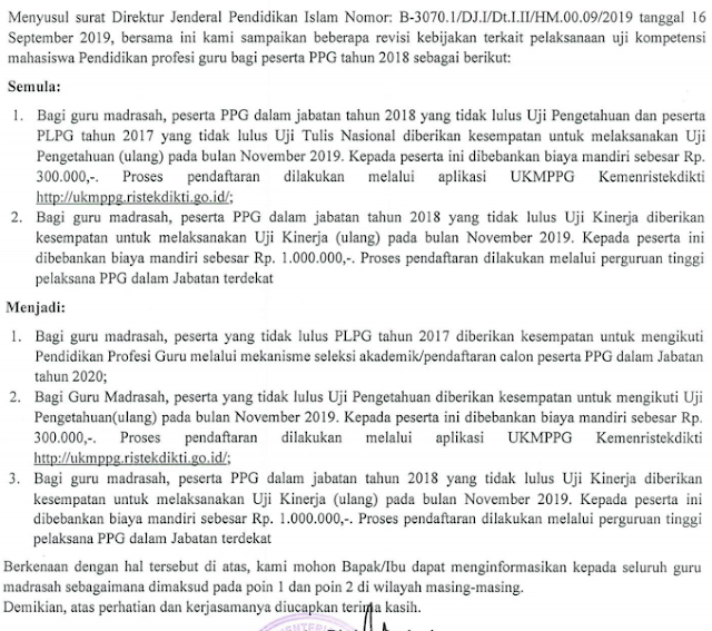 Surat Edaran Revisi Kebijakan Pelaksanaan Uji Kompetensi Mahasiswa Peserta PPG Tahun 2018