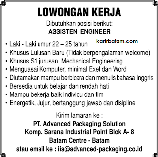 Lowongan Kerja PT. Advanced Packaging Solution