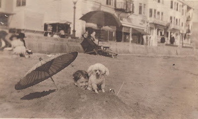 John Jr. and poodle at New York beach about 1921 from album of Mary Theresa Sheehan Killeen Walsh