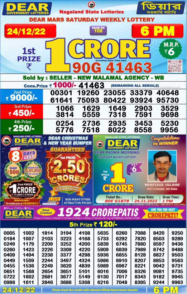 Lottery Sambad Today 24.12.2022 Result 1 pm 6 pm 8 pm Nagaland Lottery Winning Number