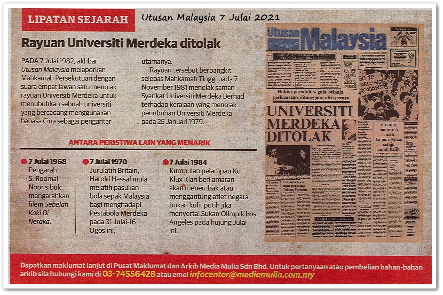 Lipatan sejarah 7 Julai - Keratan akhbar Utusan Malaysia 7 Julai 2021