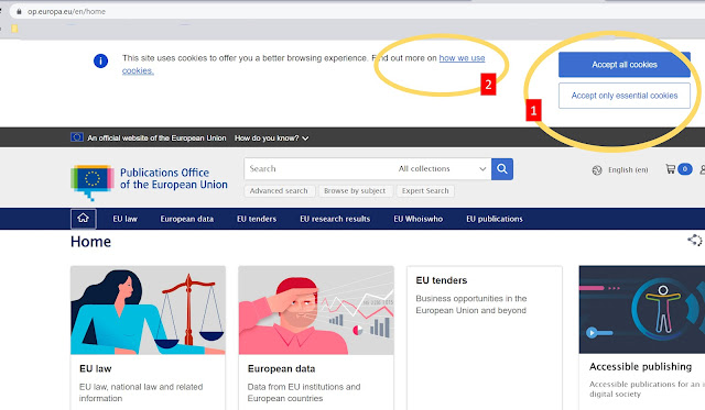 captura de pantalla con los mensajes de cookies en la web de la Unión Europea