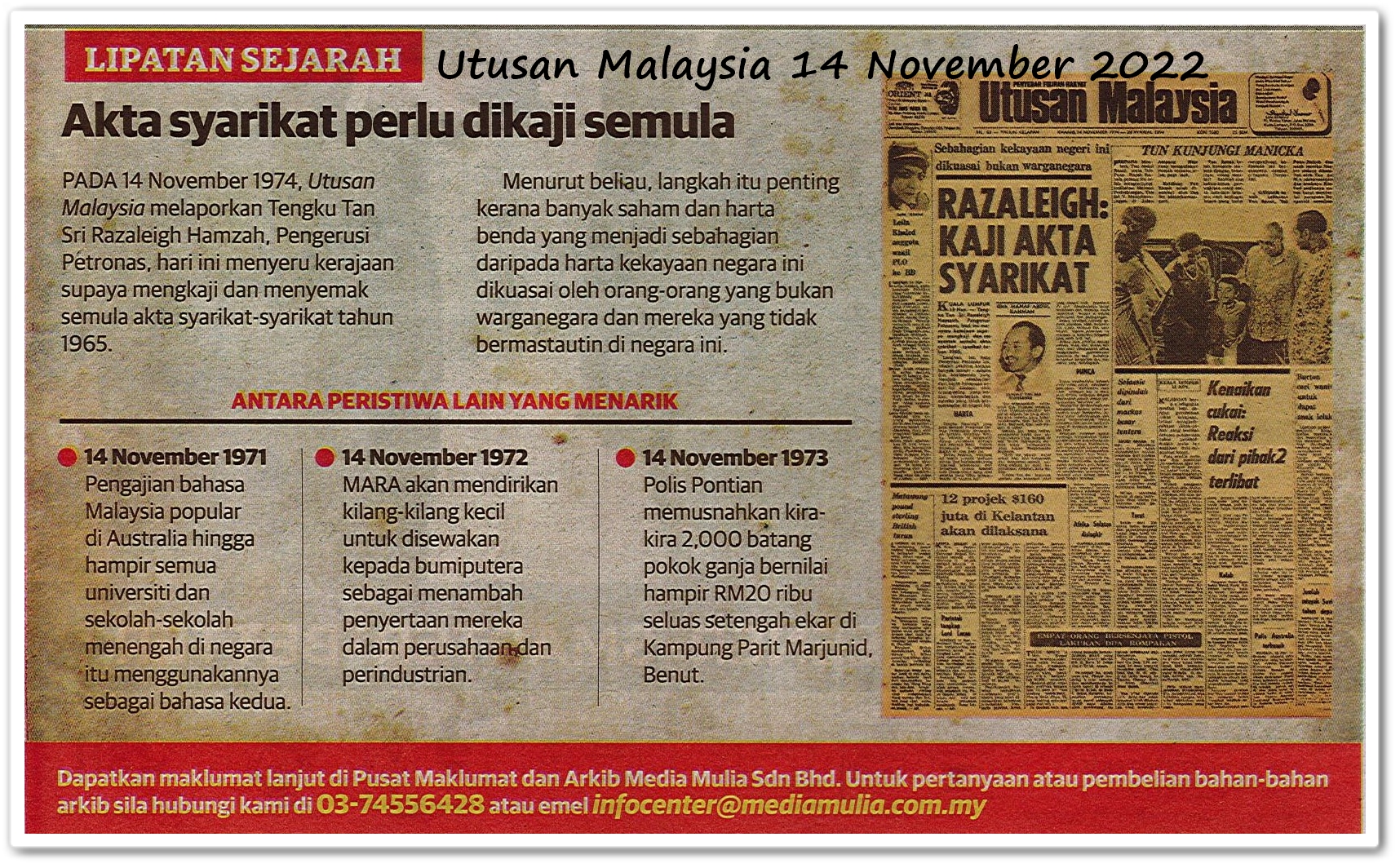 Lipatan sejarah 14 November - Keratan akhbar Utusan Malaysia 14 November 2022