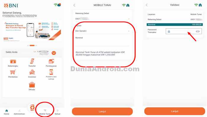 menu tarik tunai di aplikasi mobile banking BNI