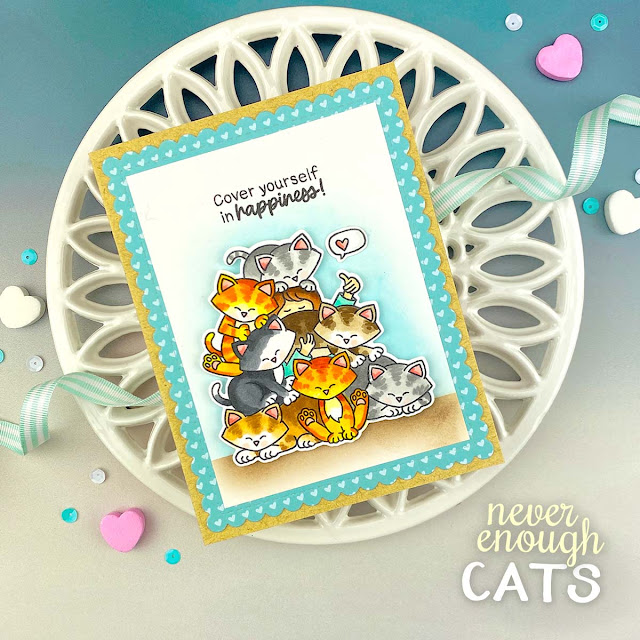 Pile of Cats Card by Jennifer Jackson | Never Enough Cats Stamp Set, Love & Chocolate Paper Pad and Frames & Flags Die Set by Newton's Nook Designs