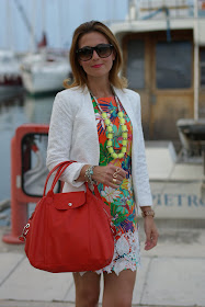 summer outfit, floral print orange dress, lace jacket, Longchamp le cuir bag, Fashion and Cookies