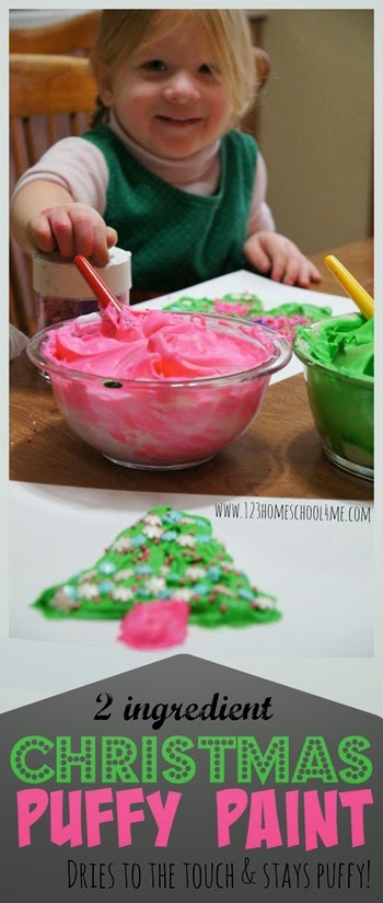 Christmas Puffy Paint Recipe - This DIY recipe for children is AWESOME! It will dry to the touch while still staying puffy; plus it only uses 2 ingredients (homemade fun with shaving cream and food coloring)! Great recipe for play, crafts for kids, kid art, and preschool kids activities. We love to use it as a Christmas crafts for kids