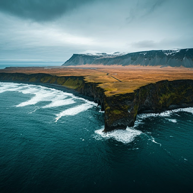 Aerial view of dramatic coastal cliffs with crashing waves against the rocky shore, set against a backdrop of mountains and overcast sky.