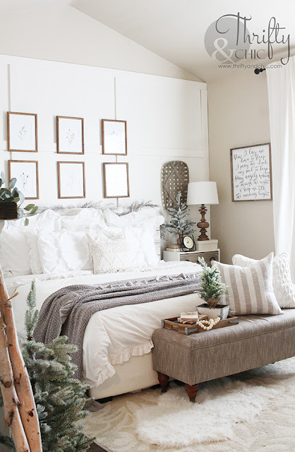 Winter decor and decorating ideas. Winter bedroom decor. How to decorate after Christmas. Farmhouse bedroom decor. Neutral bedroom decor and ideas. White and cream bedroom. Board and batten bedroom ideas. 