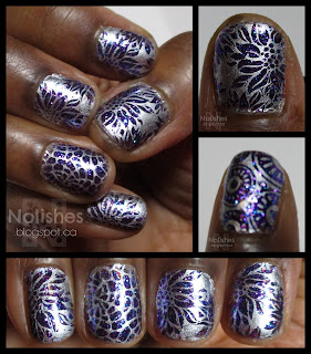 Collage of pictures of the nail stamping manicure.