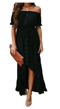 Womens Off The Shoulder Casual Short Sleeve Maxi Dress - High Low Solid Cocktail