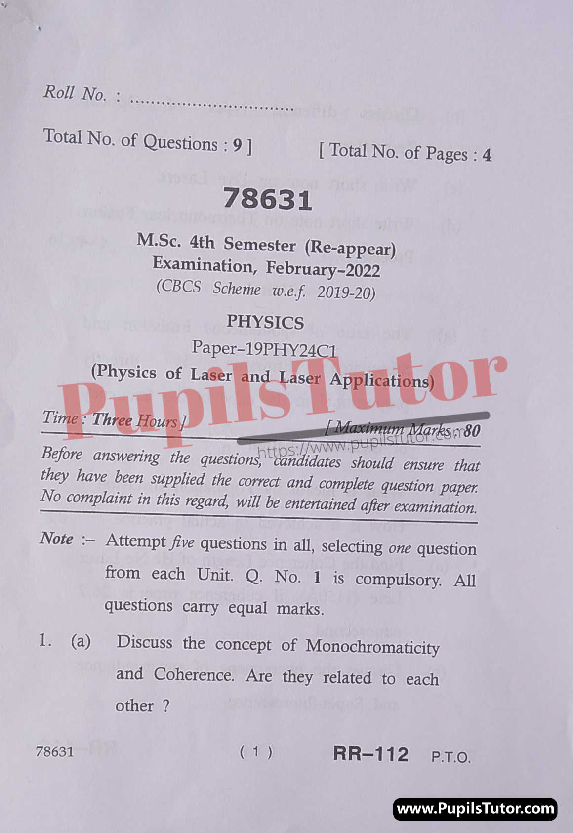 MDU (Maharshi Dayanand University, Rohtak Haryana) MSc Physics CBCS Scheme Fourth Semester Previous Year Physics Of Laser And Laser Applications Question Paper For February, 2022 Exam (Question Paper Page 1) - pupilstutor.com