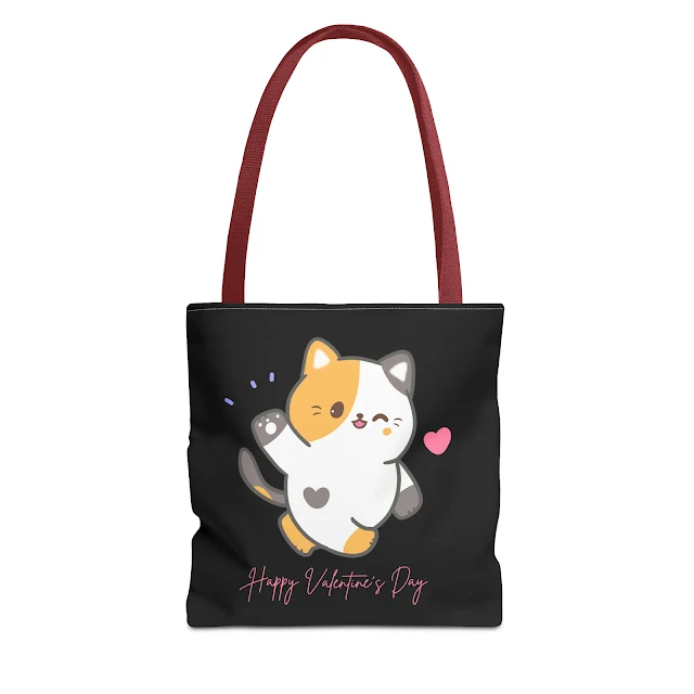 Tote Bag With Colorful Illustrated Cute Cat Happy Valentine's Day