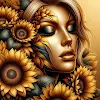Ein detailreiches Porträt einer Frau mit Sonnenblumen im Haar, deren geschlossene Augen von innerem Frieden erzählen