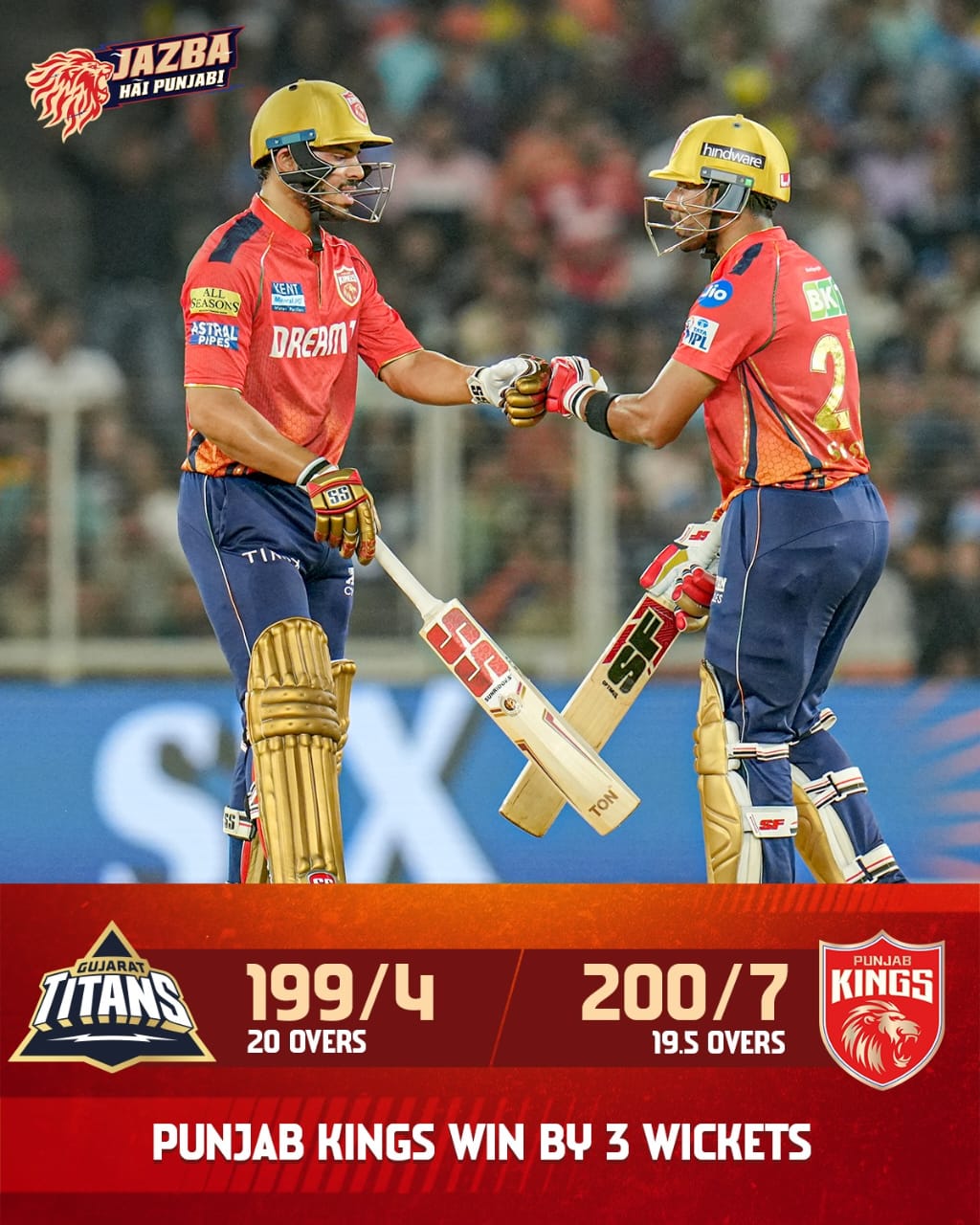 PBKS (200/7 - over 19.5) Won By 3 wickets (1 Ball Left) Against GT (199/4 - over 20 ) in the 17th Match of the IPL on 4th April 2024.