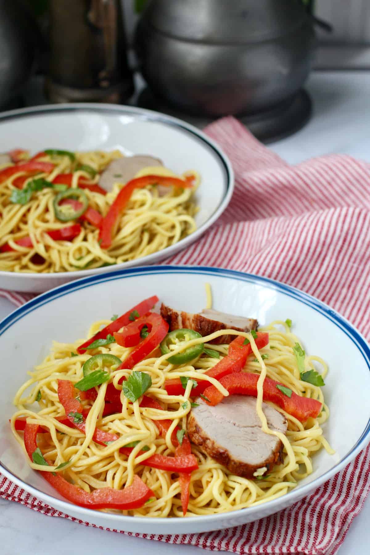 Chinese Egg Noodle Salad with Pork in two bowls.