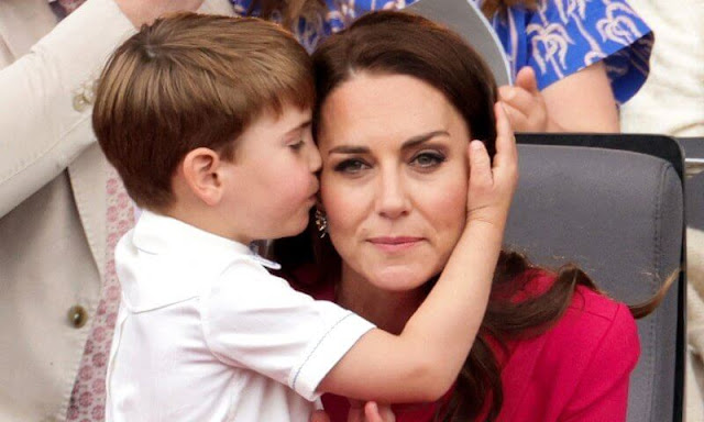 Kate Middleton wore a red bespoke dress by Stella McCartney. Queen Elizabeth, Prince George, Princess Charlotte and Prince Louis