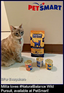 Milita checks out some Natural Balance Wild Pursuit dry and canned cat food.