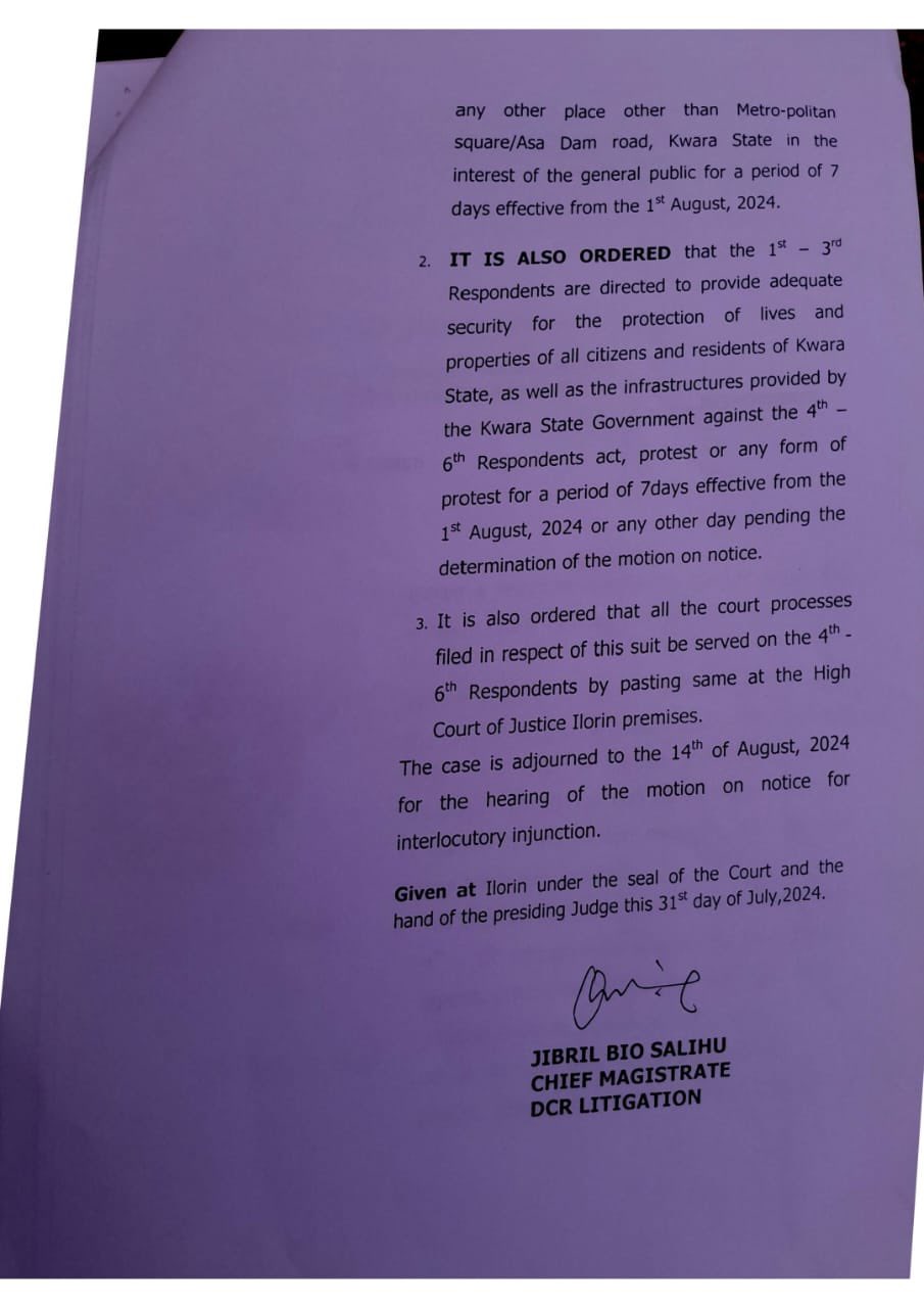 The court adjourned further hearings in the case to 14th of August, 2024.  Mrs Adesikeola Ajiboye Press Secretary,  Kwara State Ministry of Justice  July 31, 2024