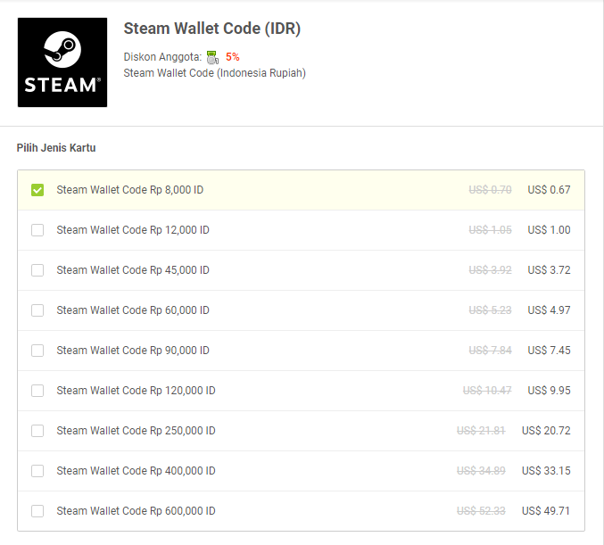 Gambar paket Steam Wallet Dollar