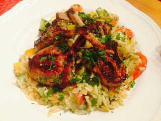 Yoghurt marinated lamb cutlets and Orzo with Feta and vegetables