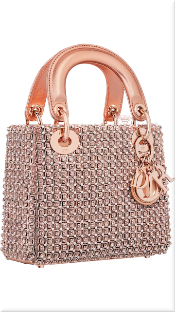 ♦Mini Lady Dior bag in metallic pink square-pattern embroidery set with strass and round beads #dior #ladydior #bags #pink #brilliantluxury