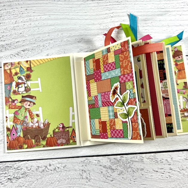 Happy Harvest Fall Scrapbook Album Pages with scarecrow, pumpkins, and quilt