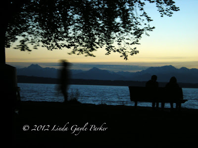 Motion Study Series, Linda Gayle Parker, Dusk at Golden Gardens Park, Long Exposures: a lady with a big hat, walking.