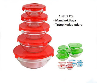 Mangkok Kaca Set isi 5, Mangkok Beling + Tutup / Mangkuk Beranak