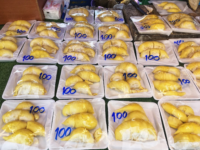 packaged durian fruit for sale at the Ayutthaya Night Market in Thailand