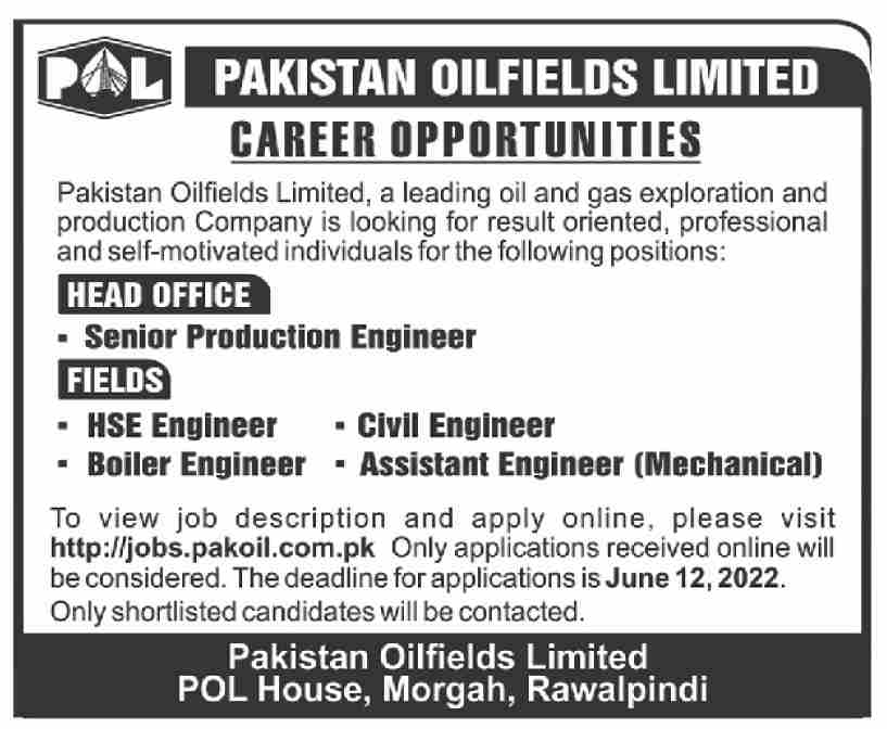 Latest Pakistan Oilfields Ltd Engineering Posts Rawalpindi 2022