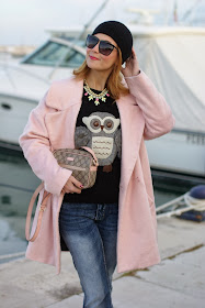 oversized pink coat, river island pink coat, gucci pink bag, romwe owl sweater, fashion and cookies, fashion blogger