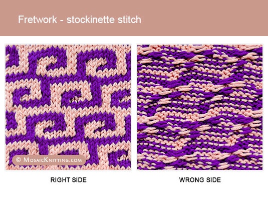 Mosaic Knitting - 2 Colour Knitting Stitch Pattern. Right side vs wrong side of the Fretwork - stockinette stitch