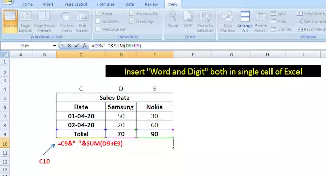 Insert Word and Digit both in a single cell of Excel sheet