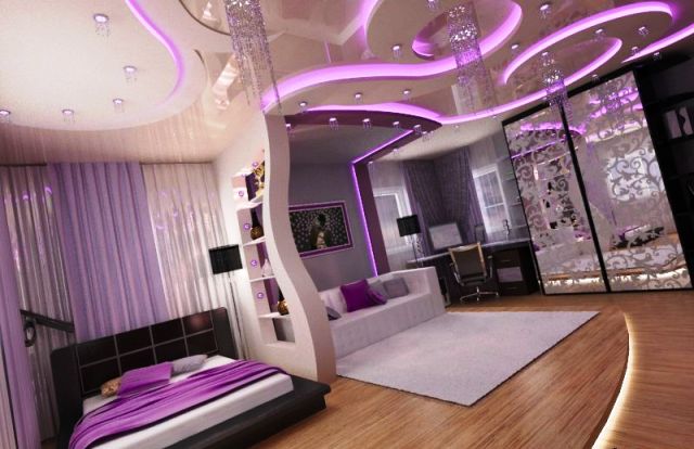 impressive POP ceiling design ideas with purple lighting for bedroom with purple themed Pop wall design 