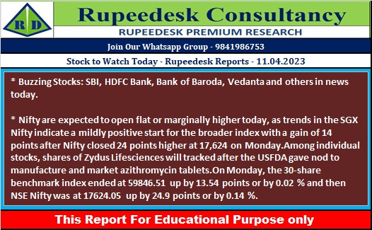 Stock to Watch Today - Rupeedesk Reports - 11.04.2023